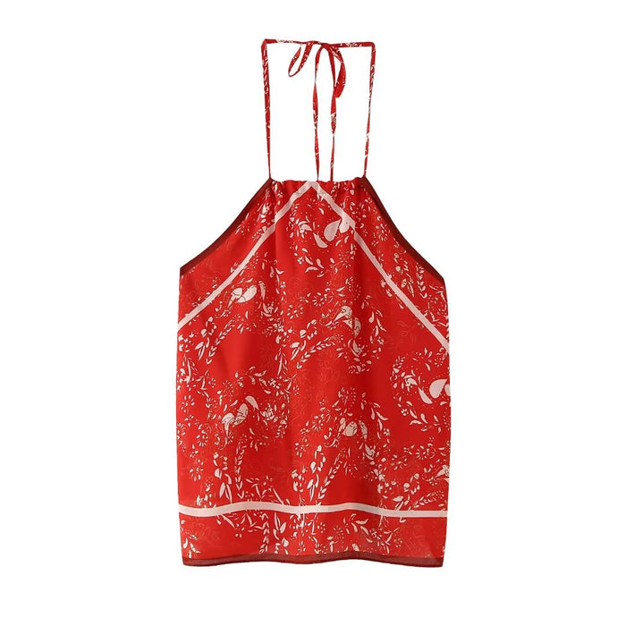 Spring Printed Hanging Collar Backless Sling Top-Red-Fancey Boutique