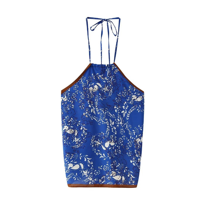 Spring Printed Hanging Collar Backless Sling Top-Blue-Fancey Boutique