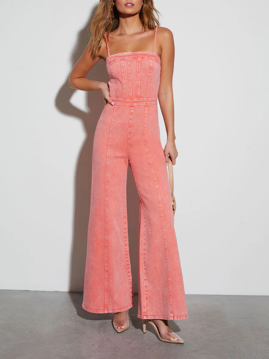 Ladies Summer Jumpsuit · Cotton Denim Washed Suspenders Slim Fit High Elastic Bootcut Pants-Orange pink-Fancey Boutique