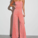 Ladies Summer Jumpsuit · Cotton Denim Washed Suspenders Slim Fit High Elastic Bootcut Pants-Orange pink-Fancey Boutique