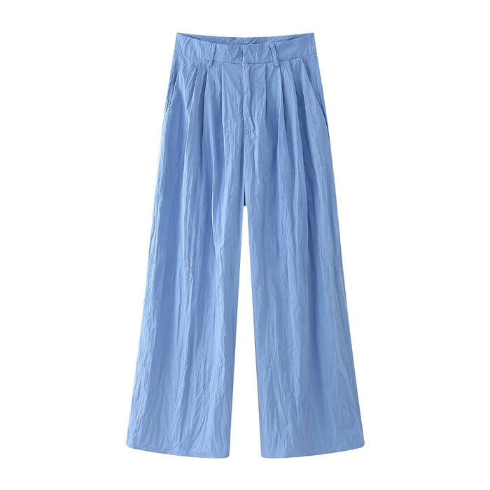 Summer Women Slim Fit Pleated Oblique Shoulder Tops Casual Trousers Suit-Blue Trousers-Fancey Boutique