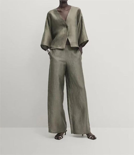Women RA Linen Blend Short Kimono Shirt Sling Work Pant Set-Fancey Boutique