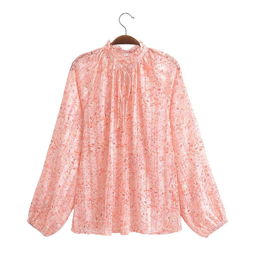 Spring Lace V Neck Stand Collar Long Sleeve Shirt-Pink-Fancey Boutique