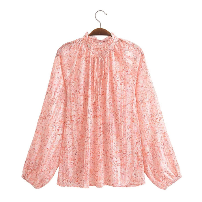 Spring Lace V Neck Stand Collar Long Sleeve Shirt-Pink-Fancey Boutique