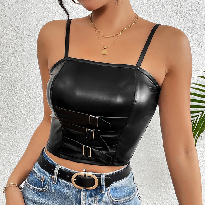 Sexy Bra Top Wrapped Chest Faux Leather Texture Women Vest Camisole-Black-Fancey Boutique