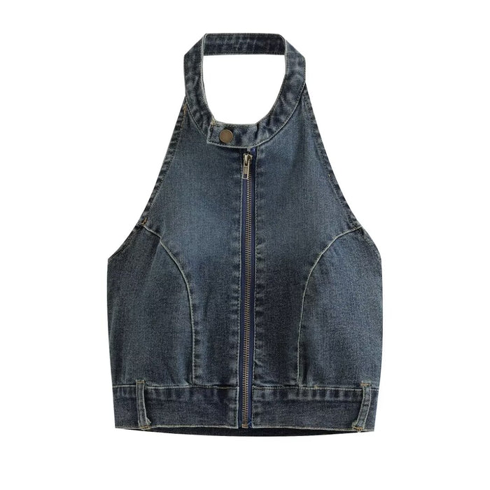 Women Clothing Summer Retro Sexy Halter Backless Slim Fit Denim Vest-Fancey Boutique