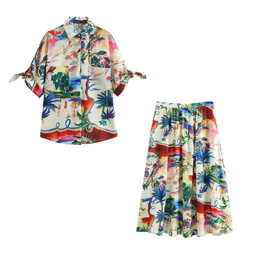 Women Clothing Short Sleeve Printed Shirt Mid Length Skirt Set-Fancey Boutique