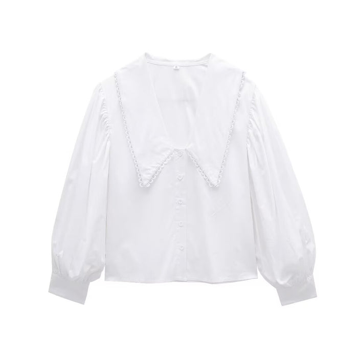 Women Solid Color Peter Pan Collar Long Sleeved Shirt Poplin Shirt-Fancey Boutique