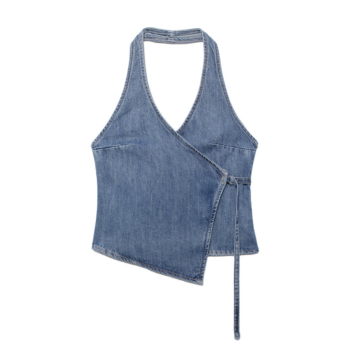 Spring Women Clothing Denim Hanging Collar Double Breasted Top-Fancey Boutique