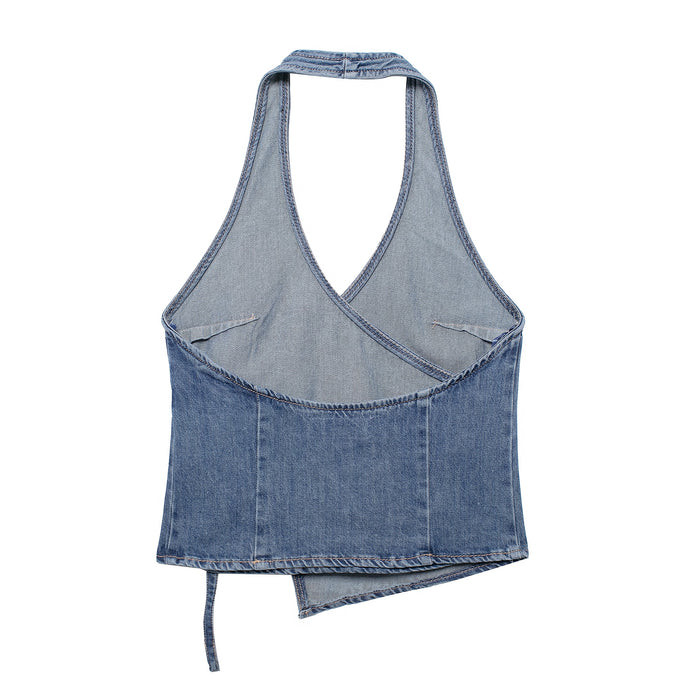 Spring Women Clothing Denim Hanging Collar Double Breasted Top-Fancey Boutique