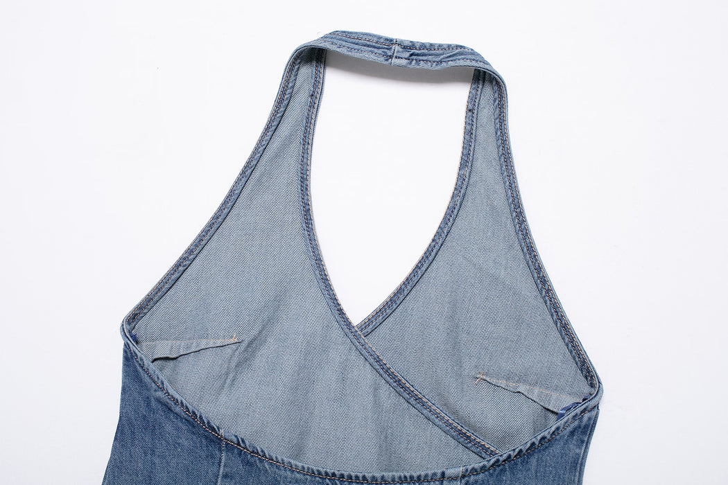 Spring Women Clothing Denim Hanging Collar Double Breasted Top-Fancey Boutique