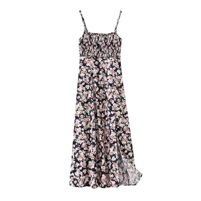 Spring Women Clothing Linen Blended Floral Print Midi Dress-Fancey Boutique