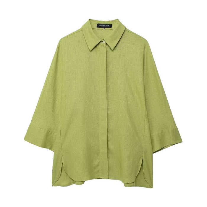 Spring Women Clothing Linen Loose Shirt Casual Trousers-Green Top-Fancey Boutique