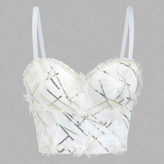 Sexy White Lace Starry Sequ Boning Corset Bra Outer Wear Small Dress Outer Wear-White-Fancey Boutique
