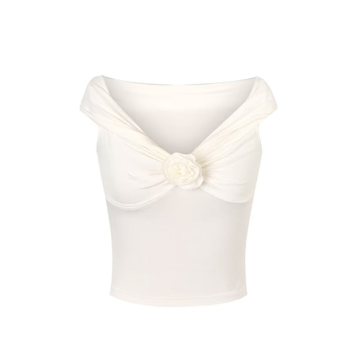 Niche Design Pleated Floral Top for Women Summer Pure Sexy off Shoulder Exposed Lock Sexy Vest-White-Fancey Boutique