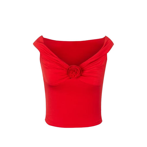 Niche Design Pleated Floral Top for Women Summer Pure Sexy off Shoulder Exposed Lock Sexy Vest-Red-Fancey Boutique