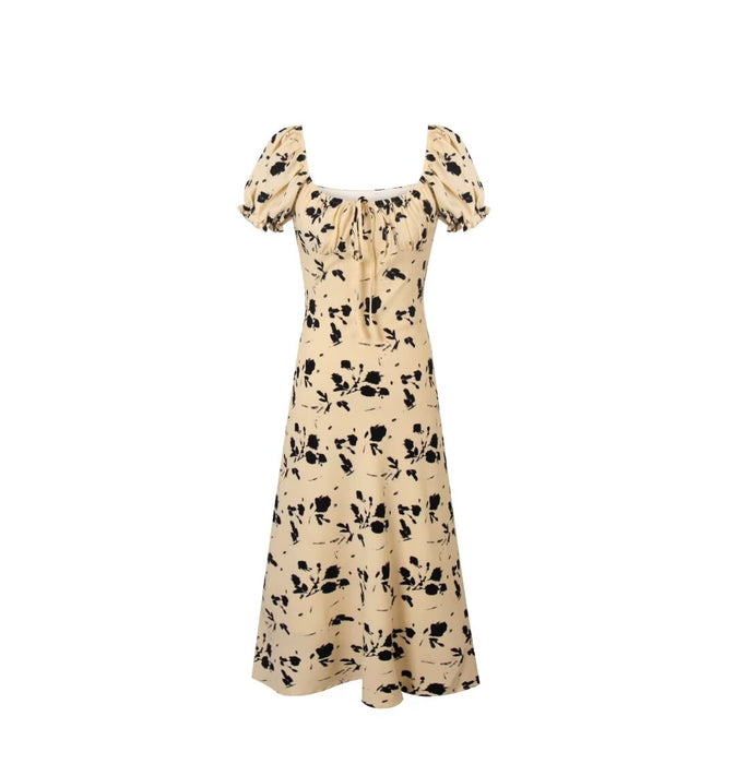 French Vintage Floral Square Collar Puff Sleeve Dress Women Summer Waist Controlled Slimming Dress-Fancey Boutique