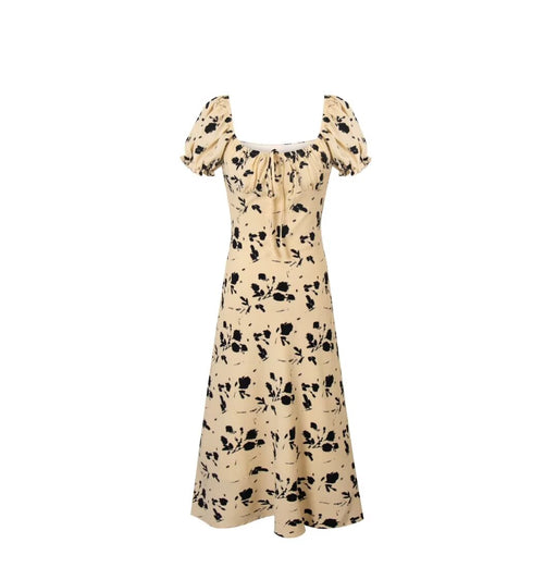 French Vintage Floral Square Collar Puff Sleeve Dress Women Summer Waist Controlled Slimming Dress-Multi-Fancey Boutique