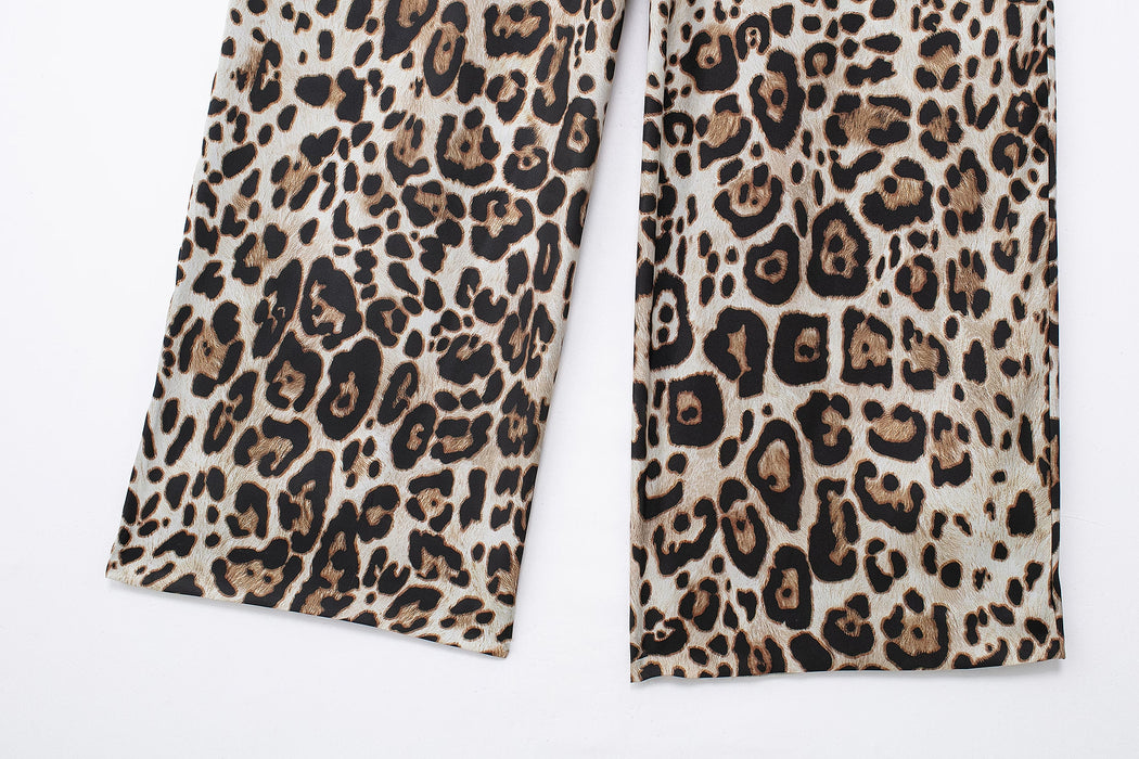 Summer Women Clothing Leopard Print Shirt Straight Leg Pants-Fancey Boutique