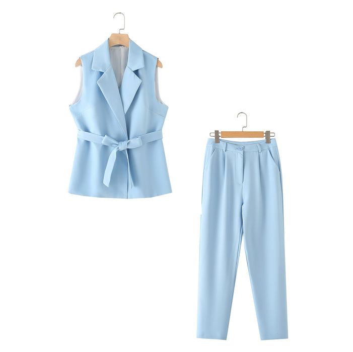 Spring Solid Color Waist Tight with Belt Vest High Waist Casual Trousers Set Women-Fancey Boutique