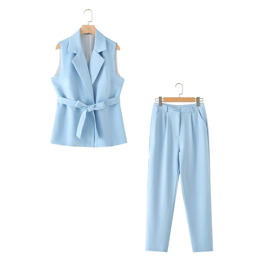 Spring Solid Color Waist Tight with Belt Vest High Waist Casual Trousers Set Women-Blue-Fancey Boutique