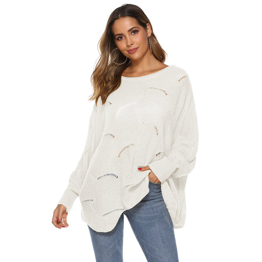 Color-White-Women Clothing Irregular Asymmetric Loose Lantern Batwing Sleeve Hollow Out Cutout Woven Pullover Sweater-Fancey Boutique