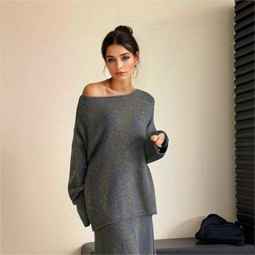 Autumn Winter Elegant Knitting Suit Women Off Shoulder Sweater Top Elastic Waist Fishtail Skirt-Gray-Fancey Boutique