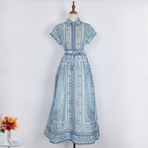 Women Printed Two Piece Blouse Blouse Long Skirt Set-Blue-Fancey Boutique