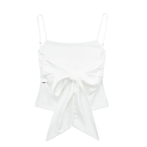 Women Solid Color Slim Fit Bow Decorative Strap Top-White-Fancey Boutique