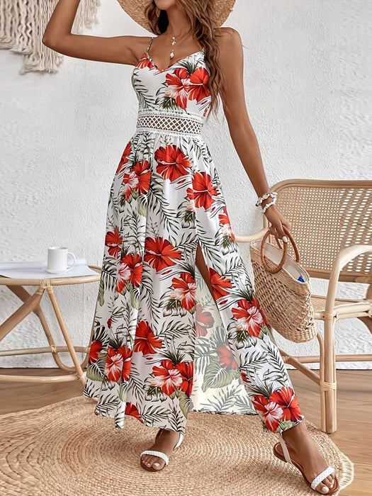 Women Bohemian Chiffon Printed Lace Suspender Summer Burst Length Dress-Multi-Fancey Boutique