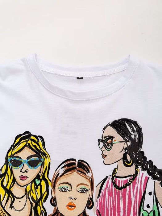 Spring Summer Women Round Neck Girl Print Short Sleeve T Shirt Top-Fancey Boutique