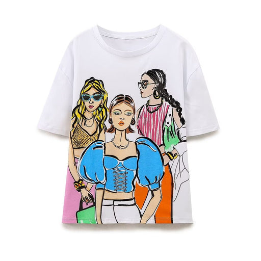Spring Summer Women Round Neck Girl Print Short Sleeve T Shirt Top-White-Fancey Boutique
