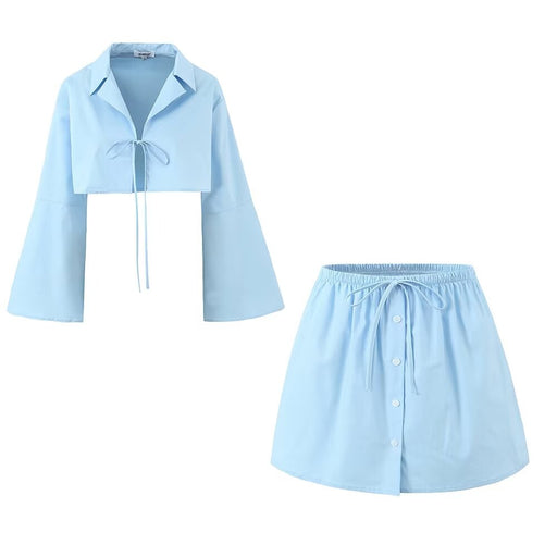 Summer Polo Collar Short Slim Fit Horn Wire Shirt Top Single Breasted Elastic Waist Skirt Sets-Fancey Boutique