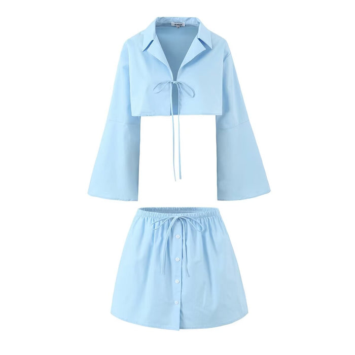 Summer Polo Collar Short Slim Fit Horn Wire Shirt Top Single Breasted Elastic Waist Skirt Sets-Blue-Fancey Boutique