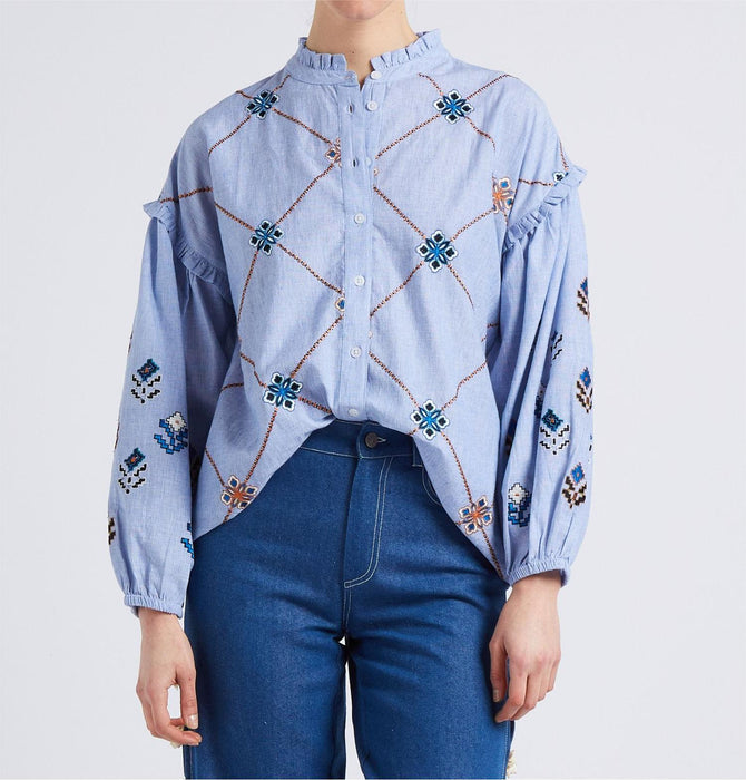 Women Clothing Spring Summer Printed Ruffled Collar Long Sleeve Shirt-Fancey Boutique