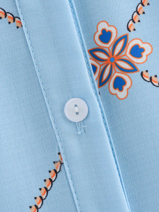 Women Clothing Spring Summer Printed Ruffled Collar Long Sleeve Shirt-Fancey Boutique