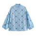 Women Clothing Spring Summer Printed Ruffled Collar Long Sleeve Shirt-Blue-Fancey Boutique