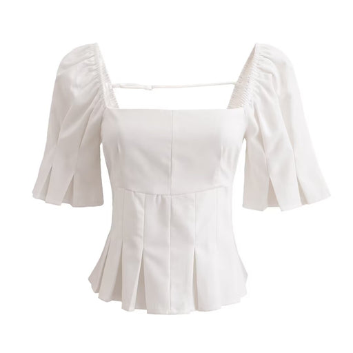 Summer French Vintage Court Pleated Puff Sleeve Design Square Collar Short Sleeve Top-White-Fancey Boutique