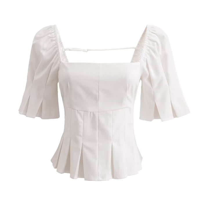 Summer French Vintage Court Pleated Puff Sleeve Design Square Collar Short Sleeve Top-White-Fancey Boutique