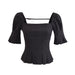 Summer French Vintage Court Pleated Puff Sleeve Design Square Collar Short Sleeve Top-Black-Fancey Boutique
