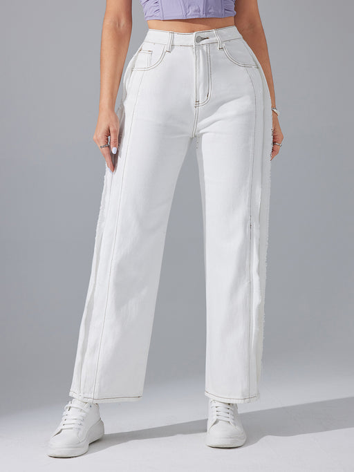 High Waist Raw Hem Straight White Jeans Spring Casual Office Loose Slimming Fashionable Design Pants-White-Fancey Boutique