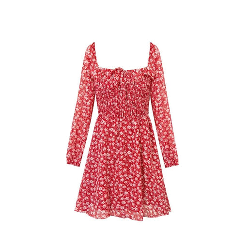 French Floral Square Collar Slim Fit Long Sleeve Dress Summer Fashionable Elegant-Red-Fancey Boutique