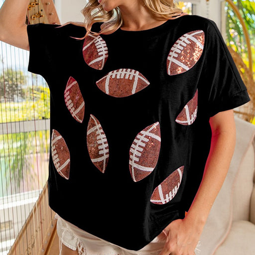 Casual Summer Sequ Rugby round Neck Pullover T shirt Short Sleeve Top for Women-Black-Fancey Boutique