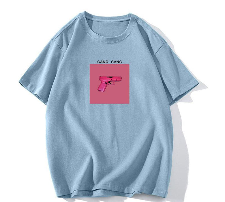 Printed T Shirt Women Summer Loose Round Neck Cotton Short Sleeve Top-Fog and haze blue-Fancey Boutique