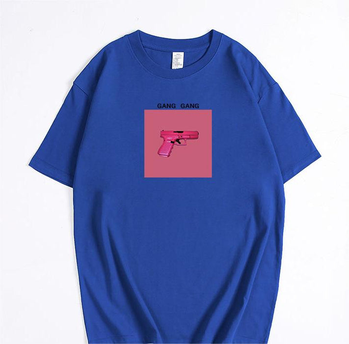 Printed T Shirt Women Summer Loose Round Neck Cotton Short Sleeve Top-Blue-Fancey Boutique