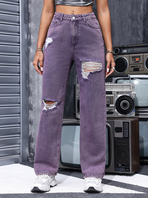 Summer Women Denim Straight Jeans Ripped Distressed Retro Trends Slimming Purple-Fuchsia-Fancey Boutique