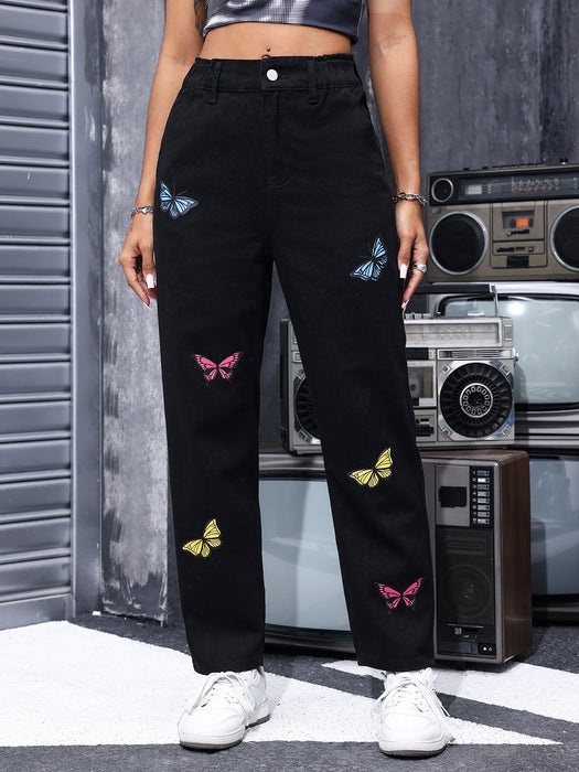 Women Spring Summer Elastic Straight Leg Denim Trousers Butterfly Print Casual Slimming Black-Black-Fancey Boutique