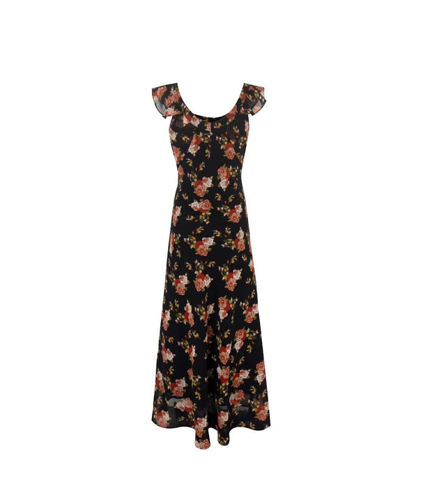 Black Flying Sleeve Slim Fit Floral Women Summer Vacation Dress-Fancey Boutique