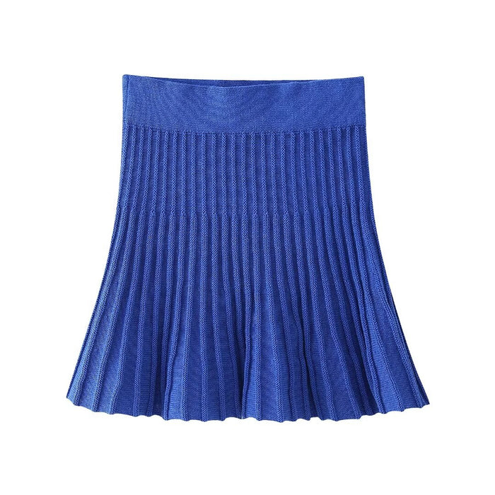 Spring Street V Neck Sweater Pleated Knitted Dress Suit-Blue Short Skirt-Fancey Boutique