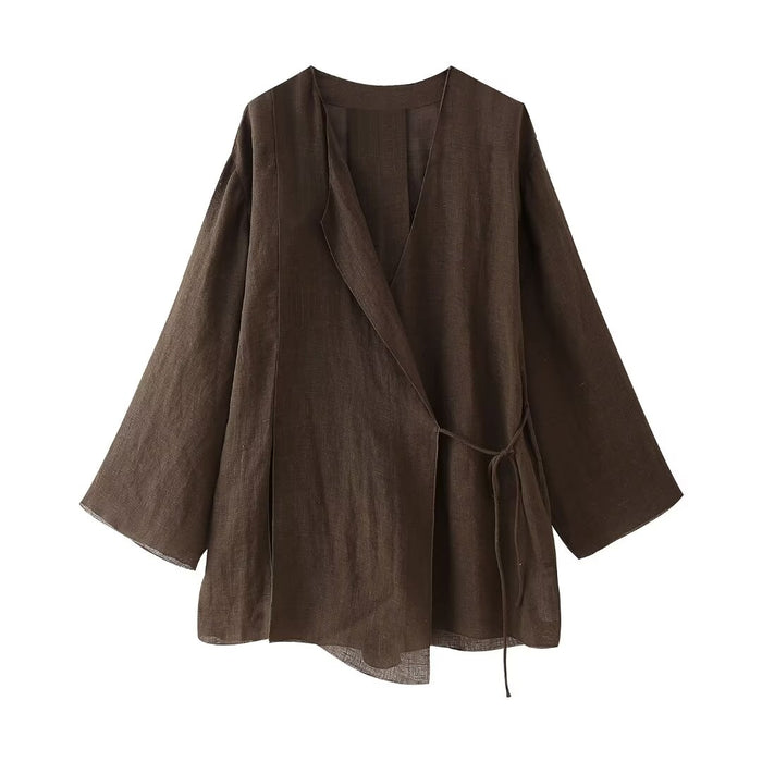 Summer Women Clothing Kimono Cross Jacket Casual Trousers-Brown Top-Fancey Boutique